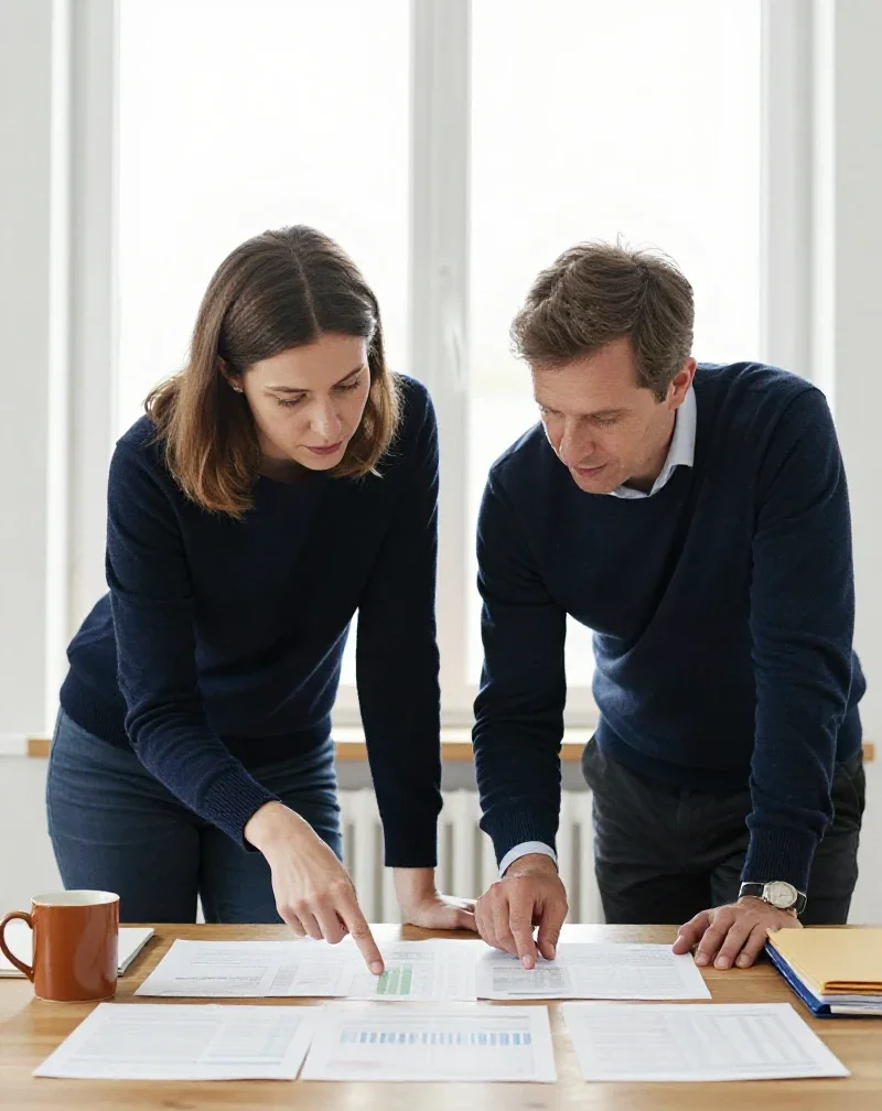Deux collaborateurs analysent des documents pour prendre des décisions stratégiques et faire avancer l'entreprise.