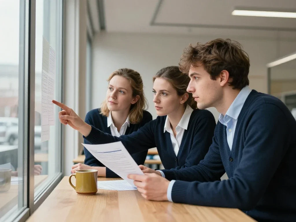 Trois jeunes salariés français collaborent activement lors d'un atelier pour prendre des décisions stratégiques.