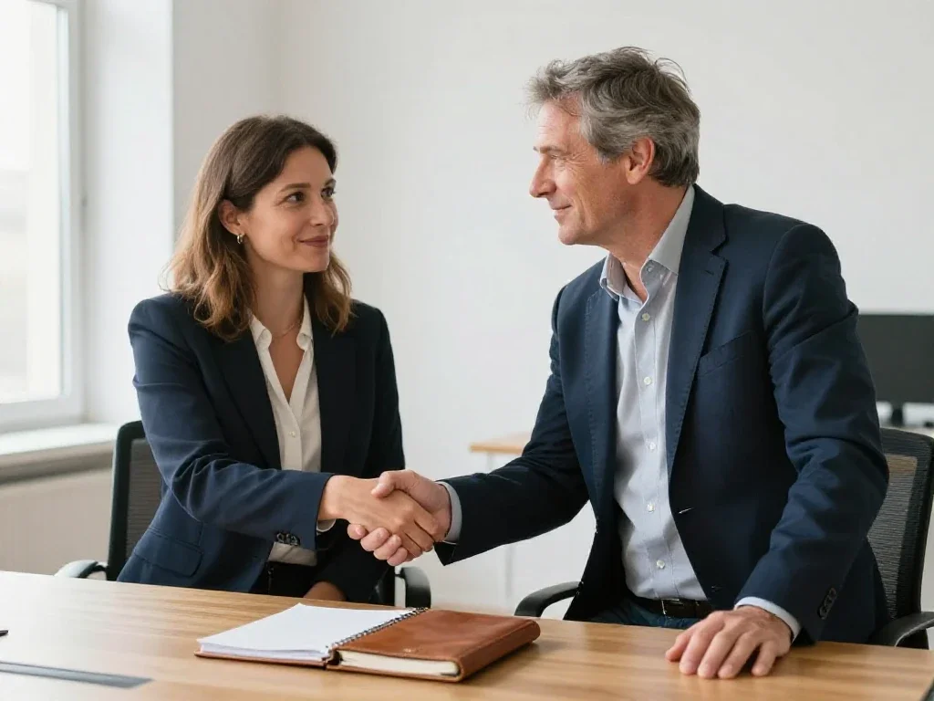 Poignée de main entre deux dirigeants pour symboliser la compréhension et la décision en entreprise.